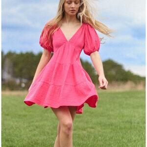 Xirena Nissa Dress Mini Tiered Puff Sleeve V-Neck Keyhole Tie Back SMALL Pink